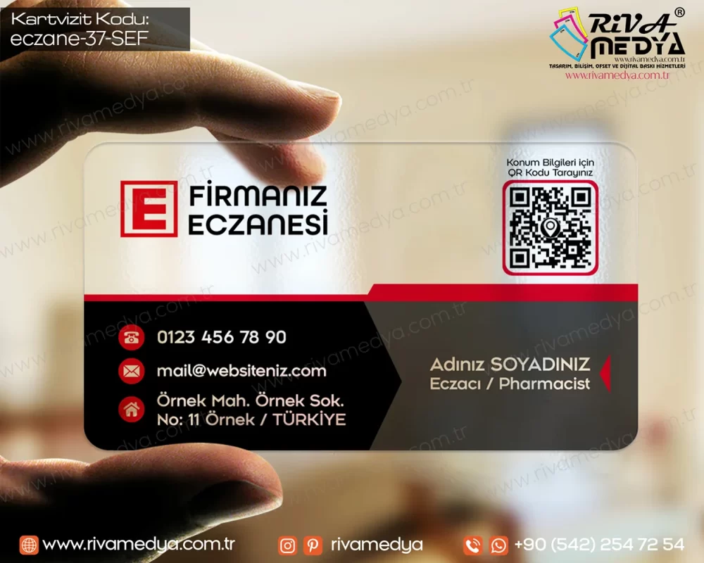 QR Kodlu Zarif Kurumsal Eczane Şeffaf Kartvizit Örneği